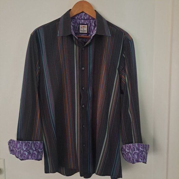 JERRY GARCIA Men's Multi Stripe Long Sleeve Button Down Gray Purple Trim Sz Lg - Picture 3 of 8